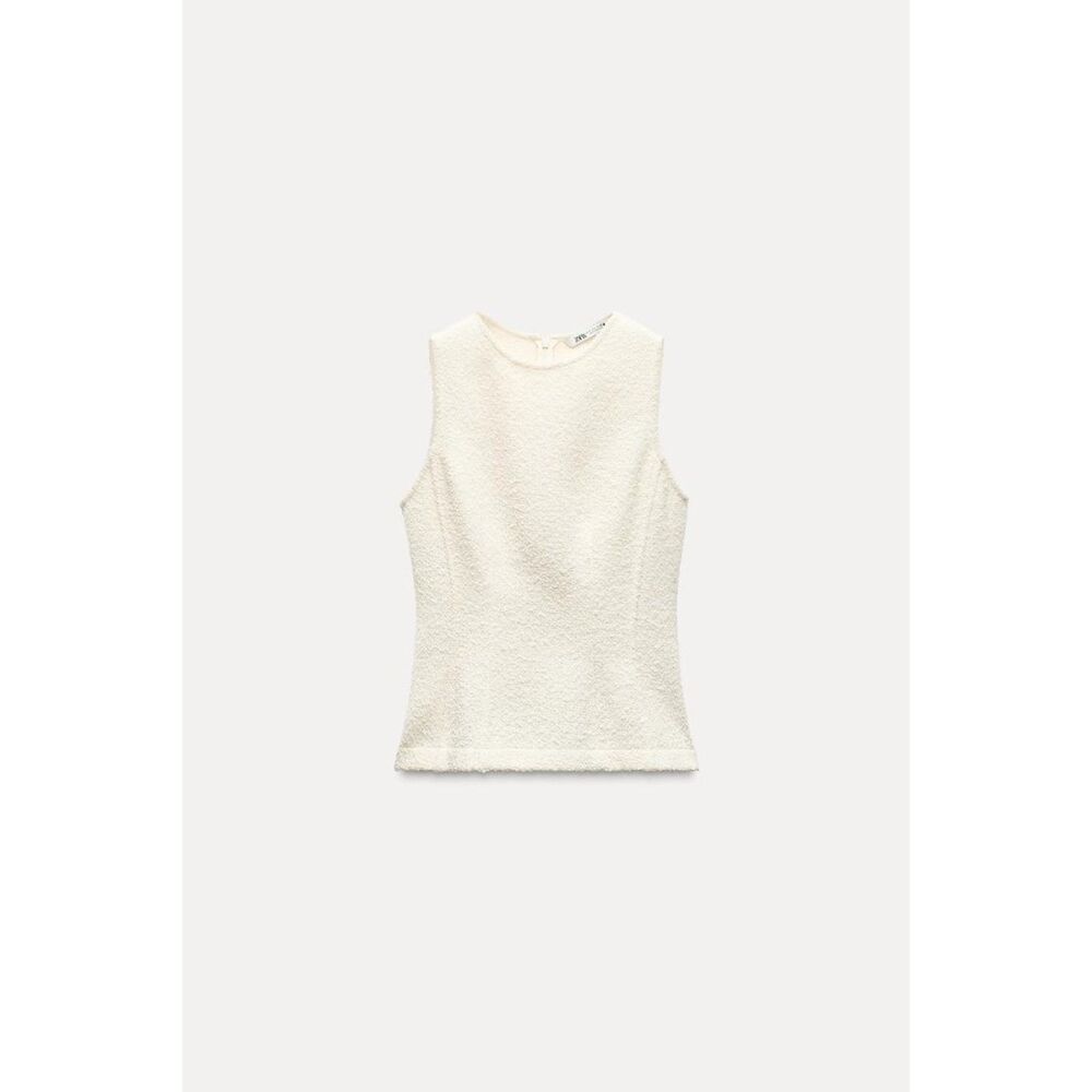 Cream Zara Textured Boucle Tweed Round Neck Sleeveless Peplum Knit Top (NWT)